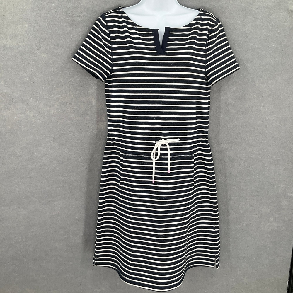 Talbots Striped Knit Dress Sz S Navy Metalic White Nautical‎ Pockets Pullover